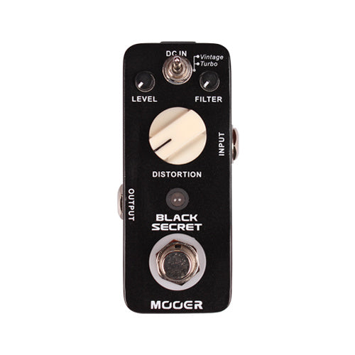 Compact black effects pedal labeled "Black Secret" with white knobs for level, filter, distortion, and a small toggle switch for Vintage or Turbo mode.