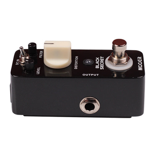 Compact black effects pedal labeled Black Secret with a large white distortion knob, small level and filter controls, a toggle switch, and footswitch.