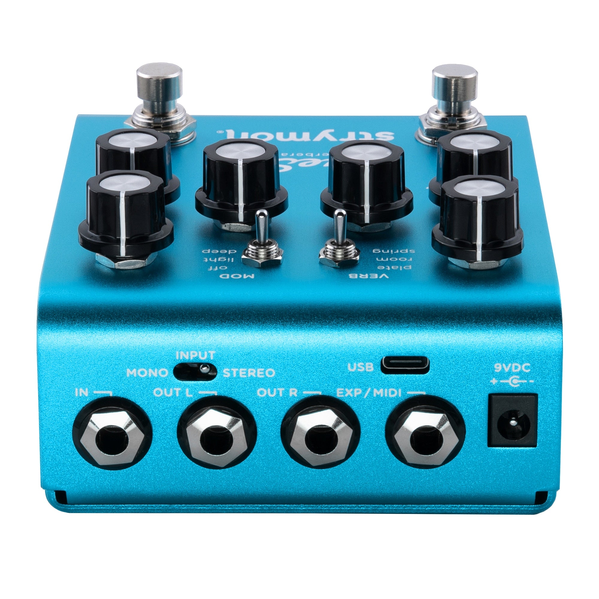 Turquoise effects pedal with six black knobs, two footswitches, three toggle switches, four quarter-inch jacks, USB-C port, and 9V power input.