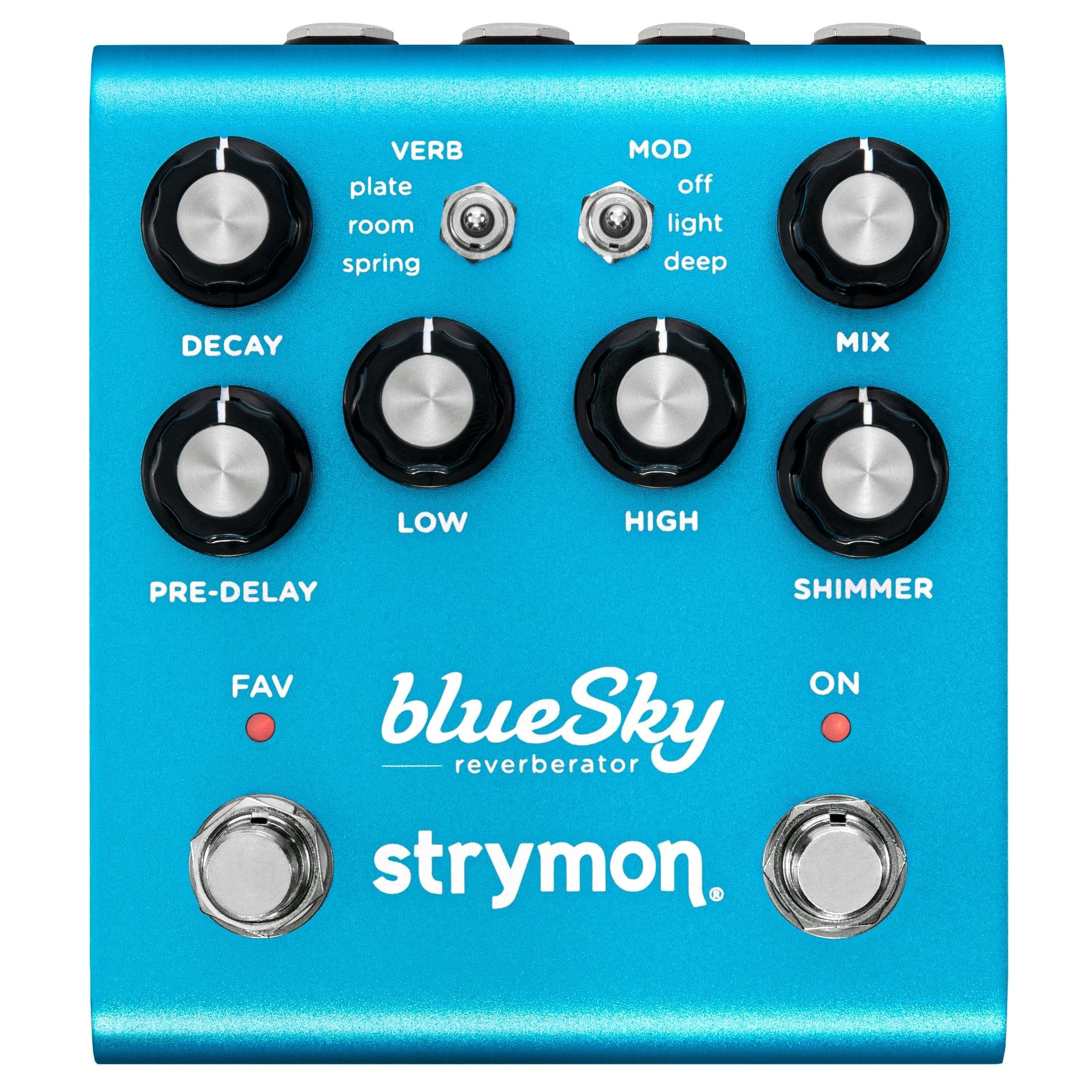 Bright blue Strymon blueSky reverb effects pedal with six knobs, two switches, two footswitches, and white labeling for controls.