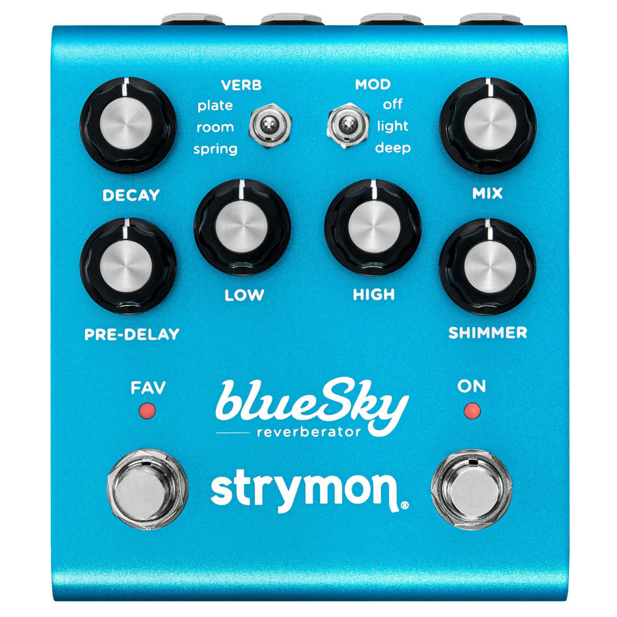 Bright blue Strymon blueSky reverb effects pedal with six knobs, two switches, two footswitches, and white labeling for controls.