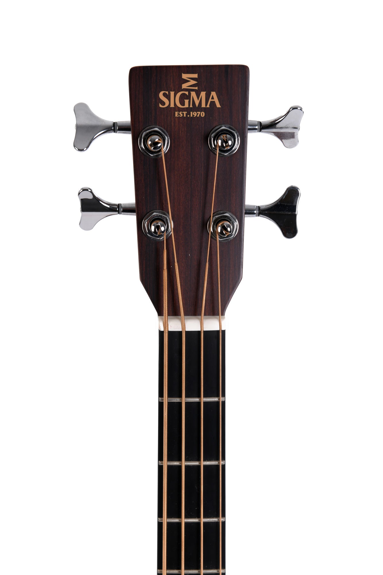 Sigma bass guitar headstock in dark wood with four metal tuning pegs, gold "Sigma Est. 1970" logo, and four bronze strings.