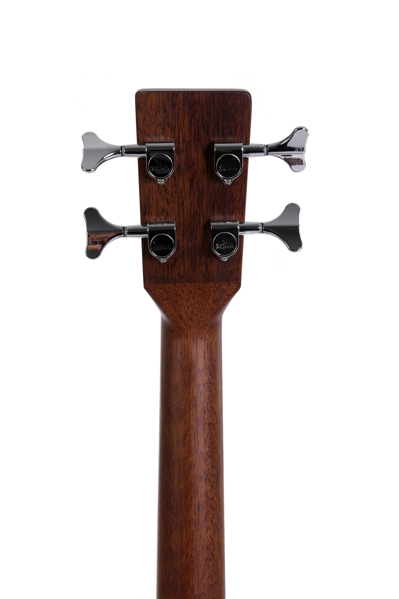 The back of a wooden bass guitar headstock with four silver tuning pegs, two on each side, and "Sigma" branded on the metal parts.