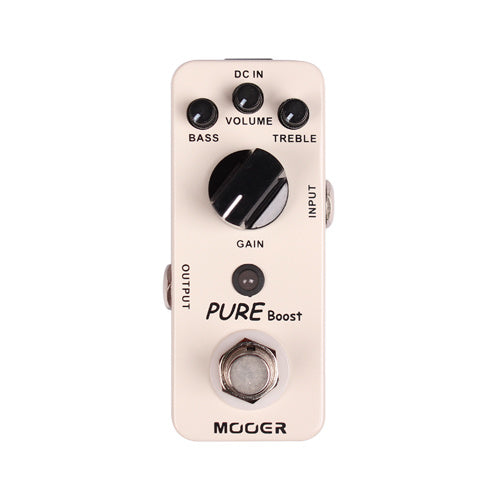 Compact effects pedal with bass, volume, treble, and gain knobs, labeled "PURE Boost" and a footswitch at the bottom. Input and output jacks on sides.