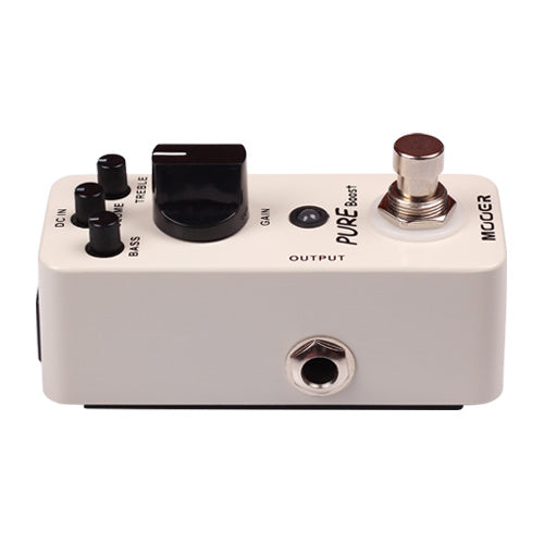 Compact white effects pedal labeled "PURE Boost" with four control knobs, a footswitch, and an output jack on the front side.
