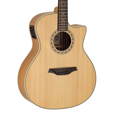 Light wood acoustic guitar with a rounded body, cutaway for upper fret access, black bridge, circular soundhole, and built-in electronic controls on the side.