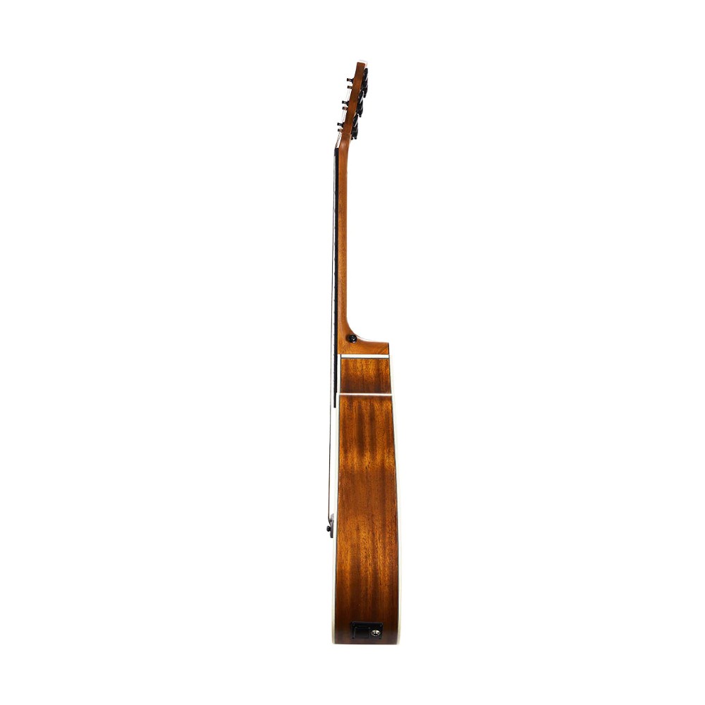Side view of an acoustic guitar showing its slim, curved wooden body and neck, with tuning pegs and input jack visible.