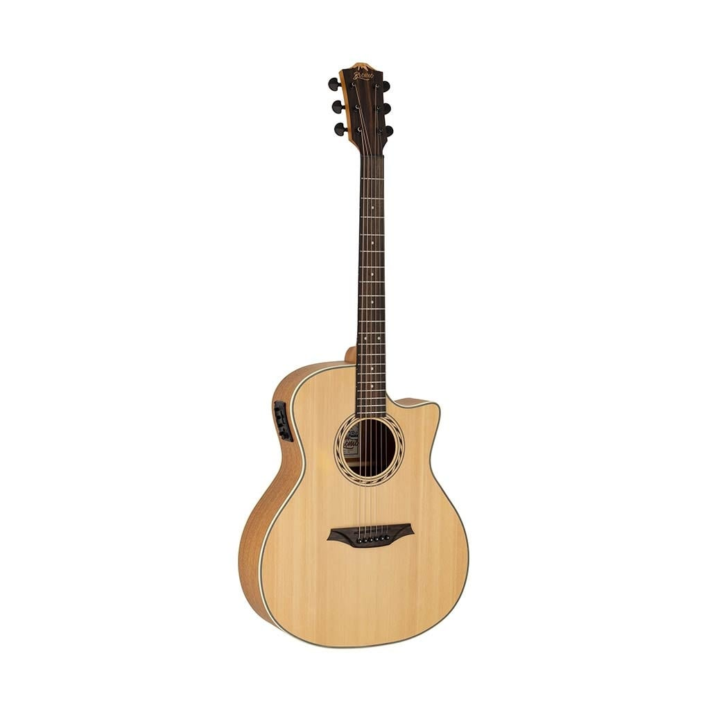 Light wood acoustic guitar with a cutaway body, dark fretboard, six tuning pegs, and built-in side controls for electronics.
