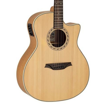 Light wood acoustic guitar with a rounded body, cutaway for upper fret access, black bridge, circular soundhole, and built-in electronic controls on the side.