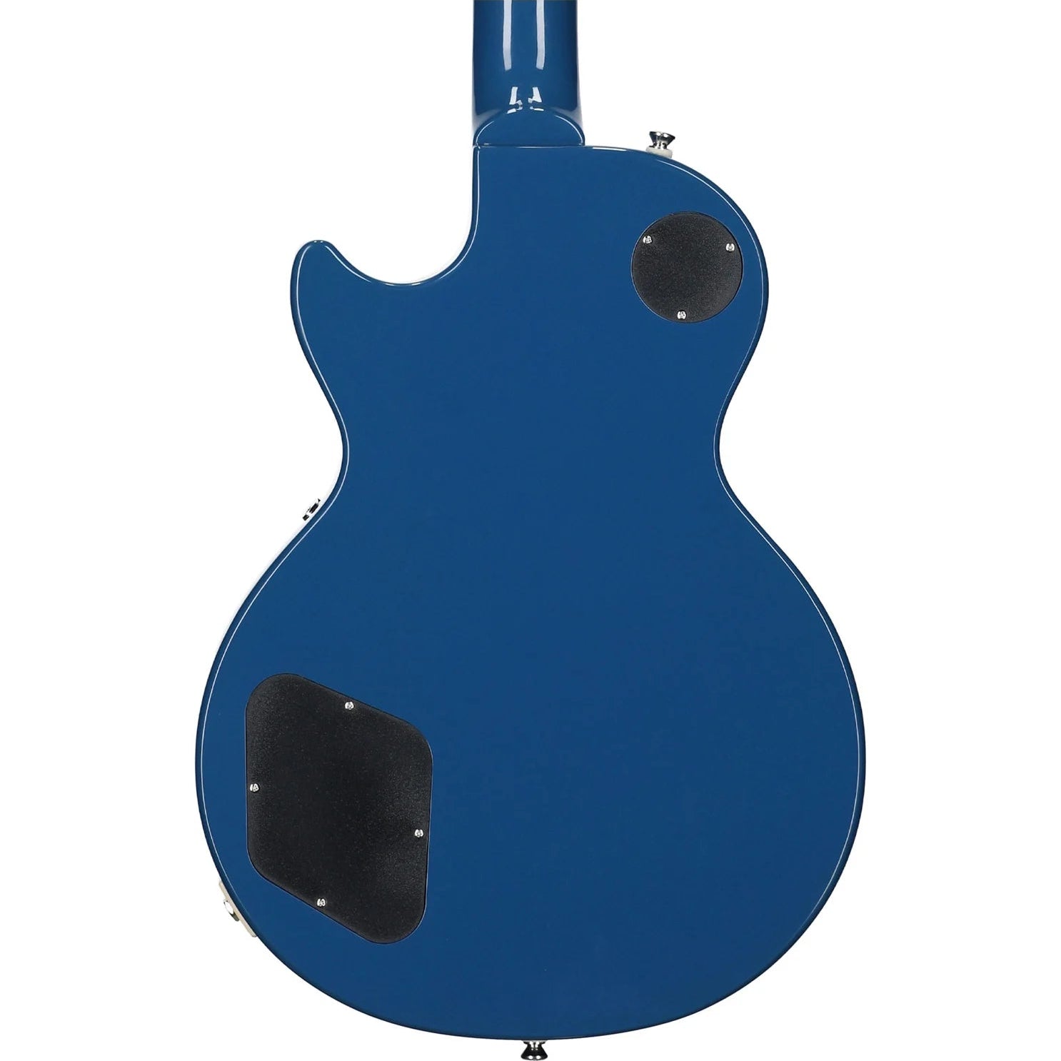 Back of a blue electric guitar with two black plastic covers, one large near the bottom and one small near the top right.