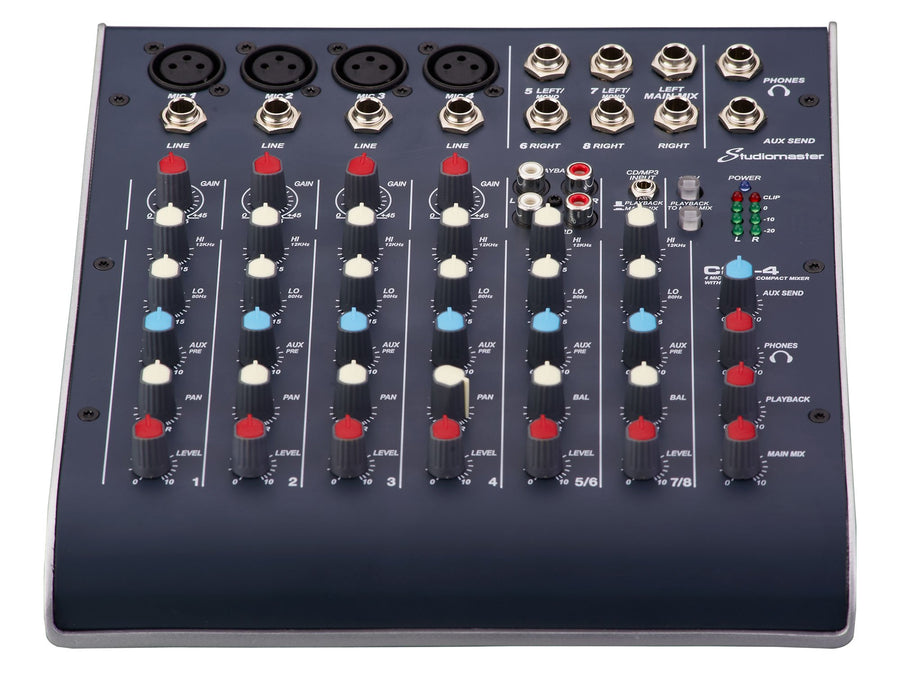 Audio mixer with multiple knobs, sliders, and input jacks, labeled for mic, line, and phones, intended for adjusting and combining sound sources.
