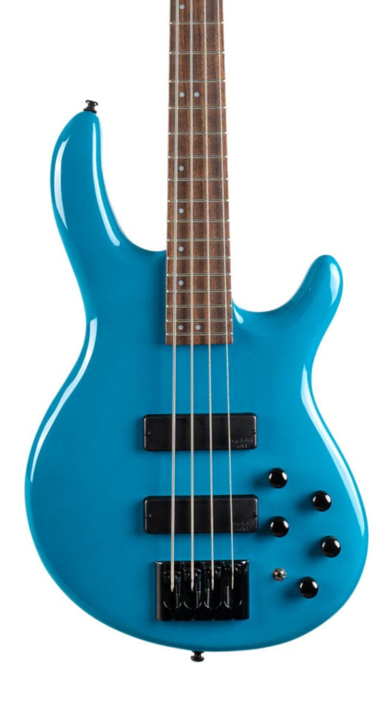 Bright blue five-string bass guitar with a natural wood neck, two black pickups, black bridge, and five black control knobs.
