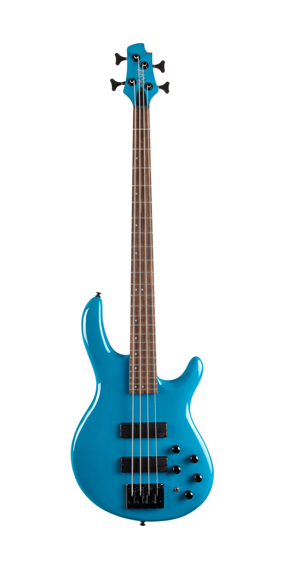 Electric bass guitar with a bright blue body, four strings, two pickups, four black control knobs, and a natural wood fretboard.