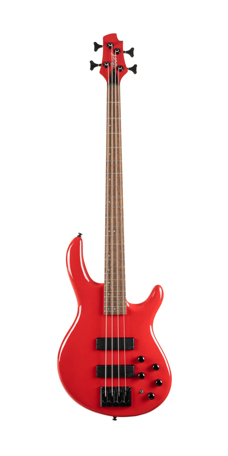 Red electric bass guitar with four strings, two black rectangular pickups, five black control knobs, and a natural wood fretboard.