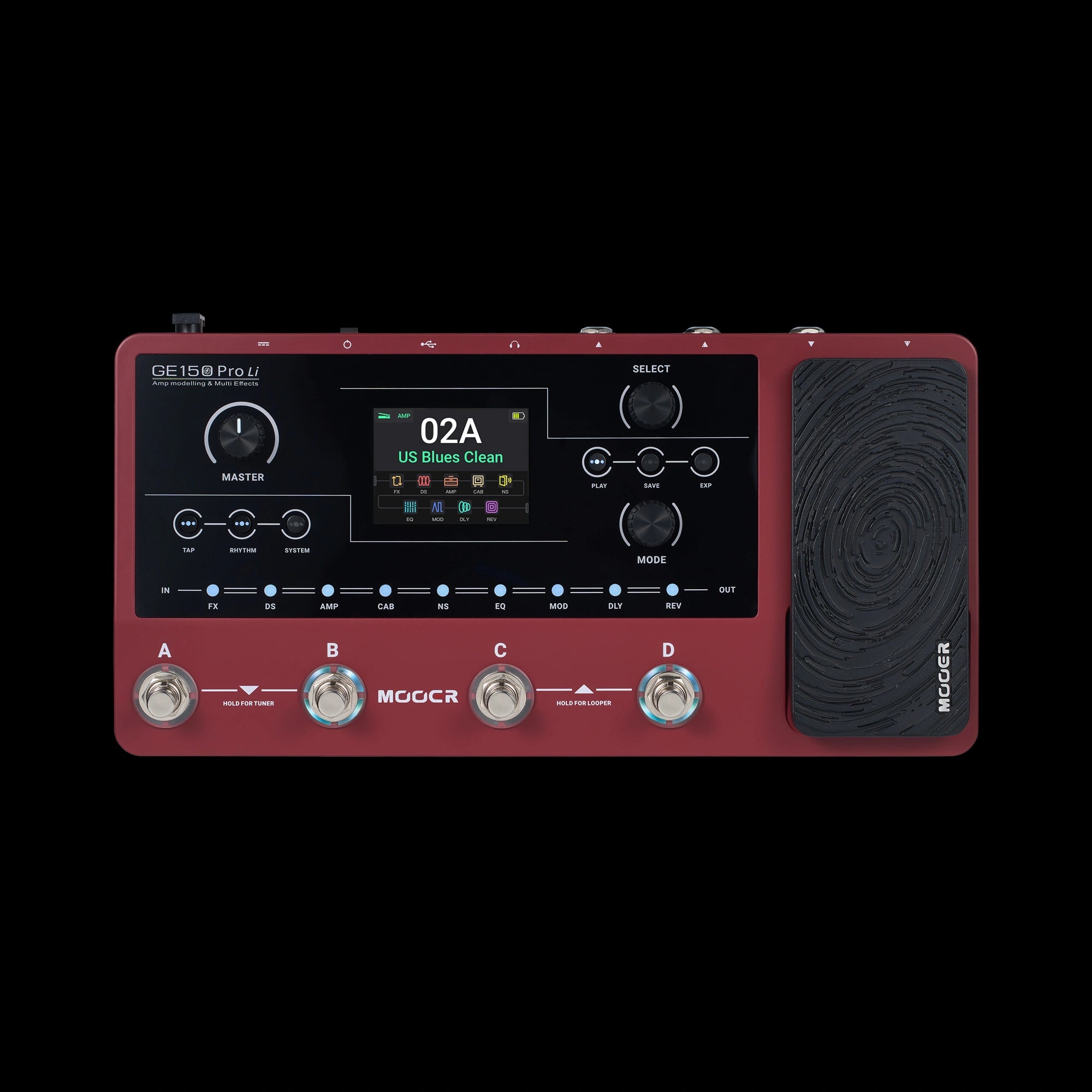 Red multi-effects pedal with a display screen, four footswitches labeled A, B, C, D, multiple knobs, and a large textured expression pedal.