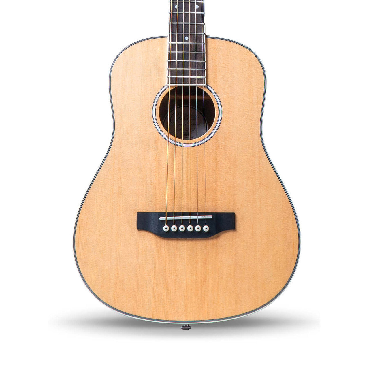 Light-colored acoustic guitar with six steel strings, a circular sound hole, dark bridge, and a smoothly curved body.