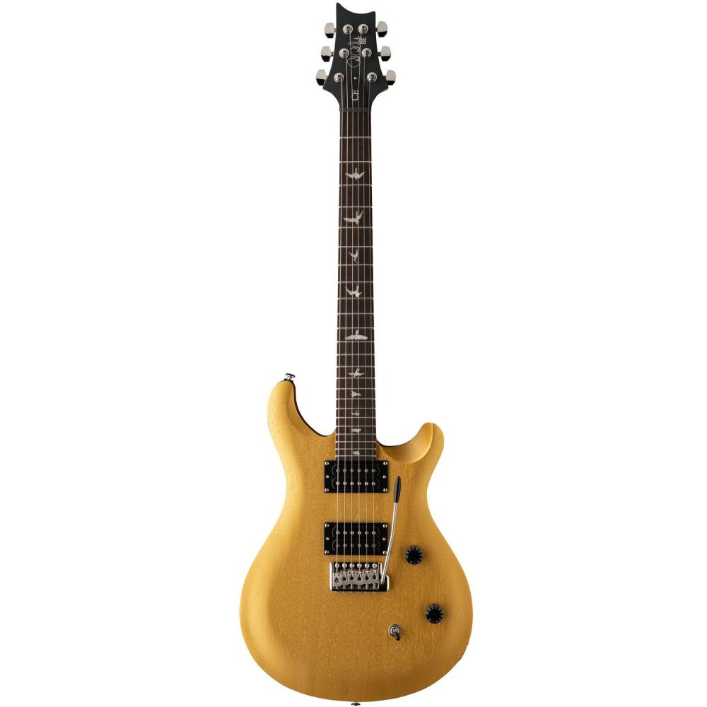 Gold electric guitar with two humbucker pickups, tremolo bridge, black control knobs, and bird inlays on a dark fretboard.