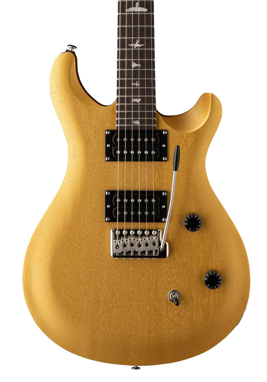 Solid-body electric guitar with a matte yellow finish, two black humbucker pickups, a tremolo bridge, and two black control knobs.