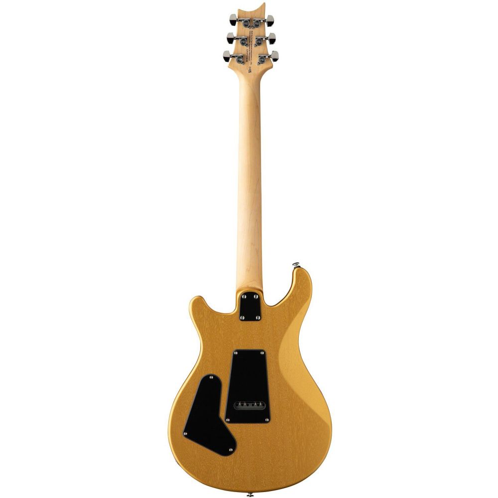 The back of a yellow electric guitar with a natural wood neck, six tuning pegs, and two black plastic plates covering electronic cavities.