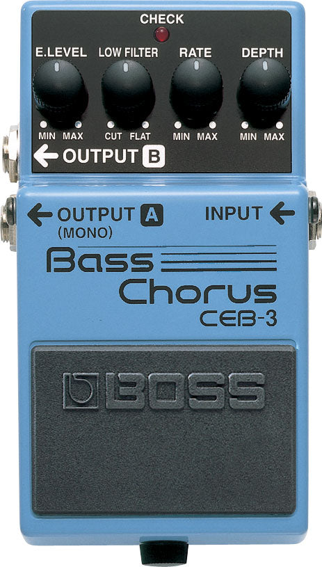 Light blue Boss Bass Chorus CEB-3 effects pedal with four black knobs labeled E.Level, Low Filter, Rate, and Depth, plus two outputs and one input.