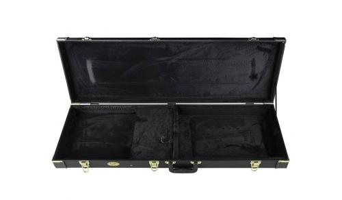 Étui rigide noir rectangulaire ouvert, intérieur doublé de velours noir, conçu pour transporter et protéger une guitare électrique.