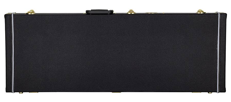 Mallette rectangulaire noire avec poignée sur le dessus et coins renforcés en métal doré, conçue pour transporter une guitare électrique.
