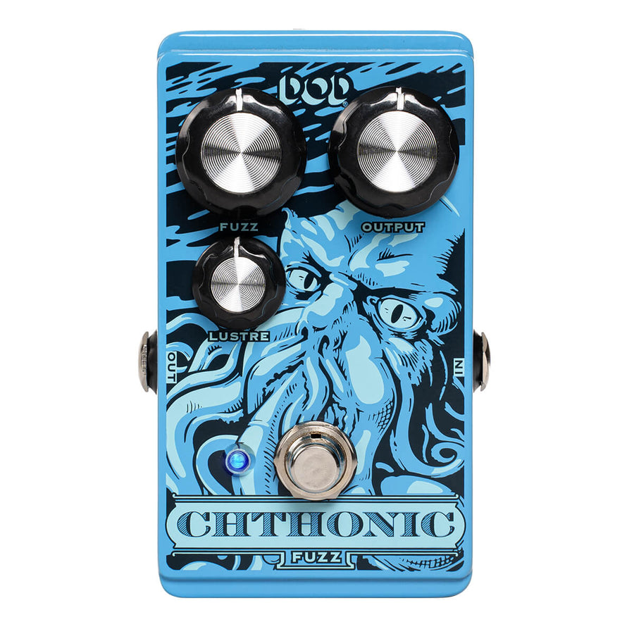 Blue effects pedal with three knobs labeled Fuzz, Output, Lustre; features Cthulhu-like creature artwork and the text "CHTHONIC FUZZ."