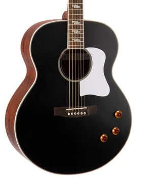 Black acoustic guitar with a white pickguard, wooden bridge, gold tuning knobs, and brown sides and back.