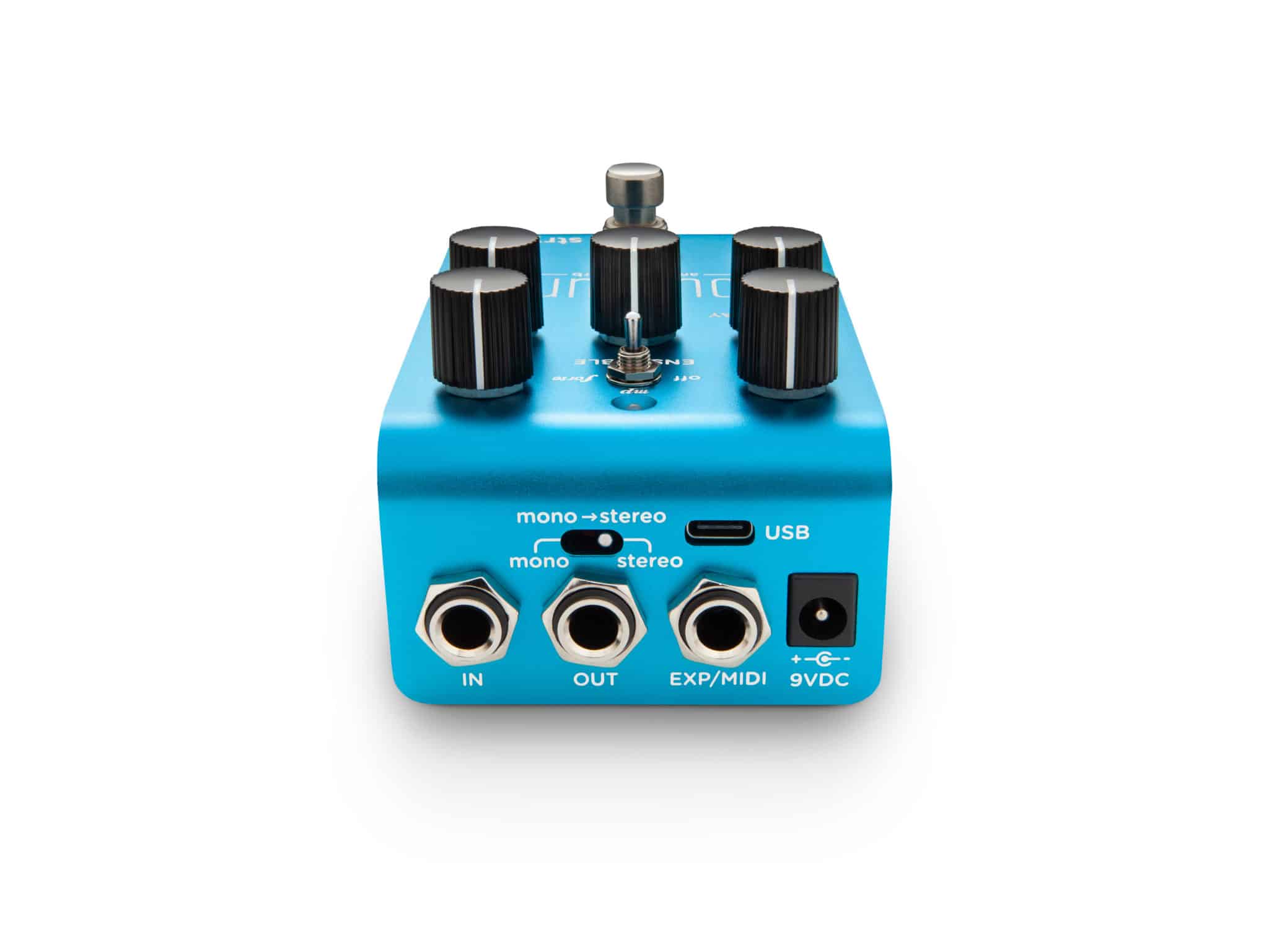 Blue effects pedal with four black knobs, footswitch, and rear panel featuring input, output, EXP/MIDI, USB, power jack, and mono-stereo switch.