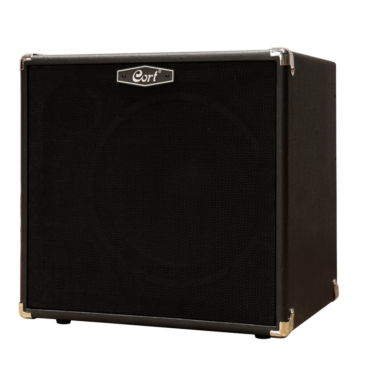 Black Cort amplifier with a square shape, black mesh front, silver corner protectors, and a small silver logo badge at the top center.