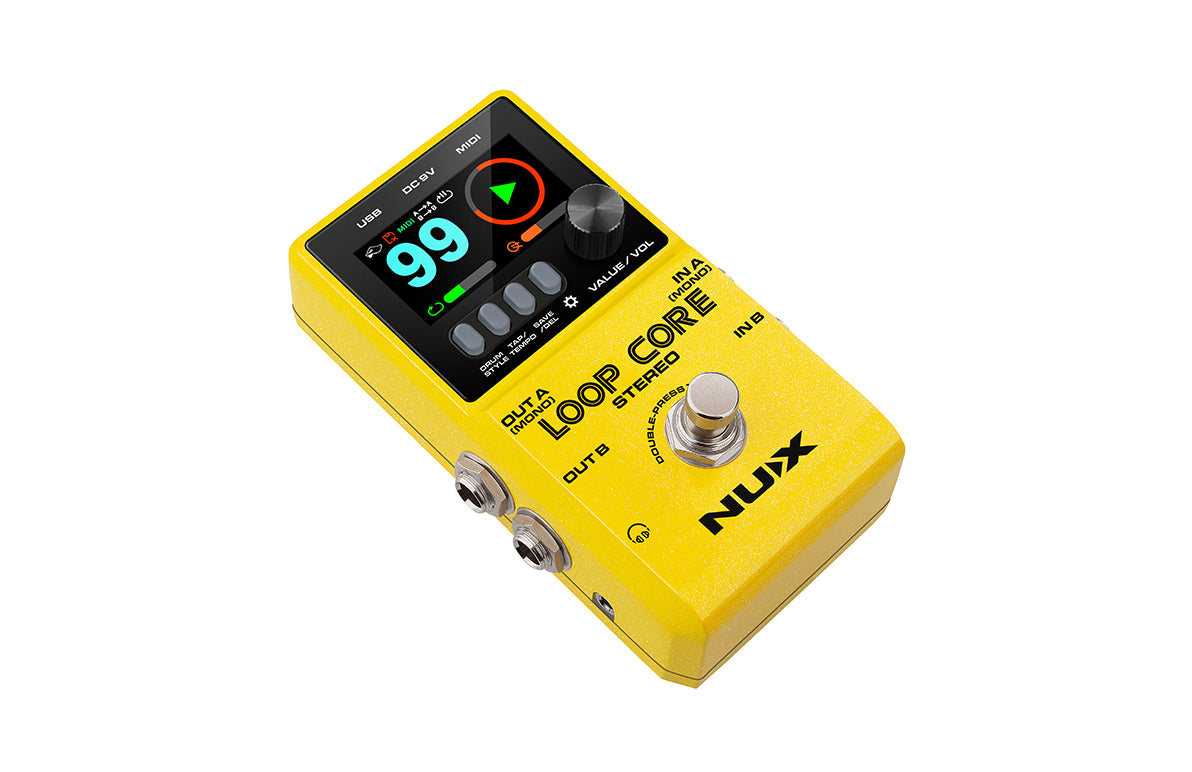 Bright yellow NUX Loop Core Stereo FX pedal with a digital screen, black knob, footswitch, multiple buttons, and input/output jacks.