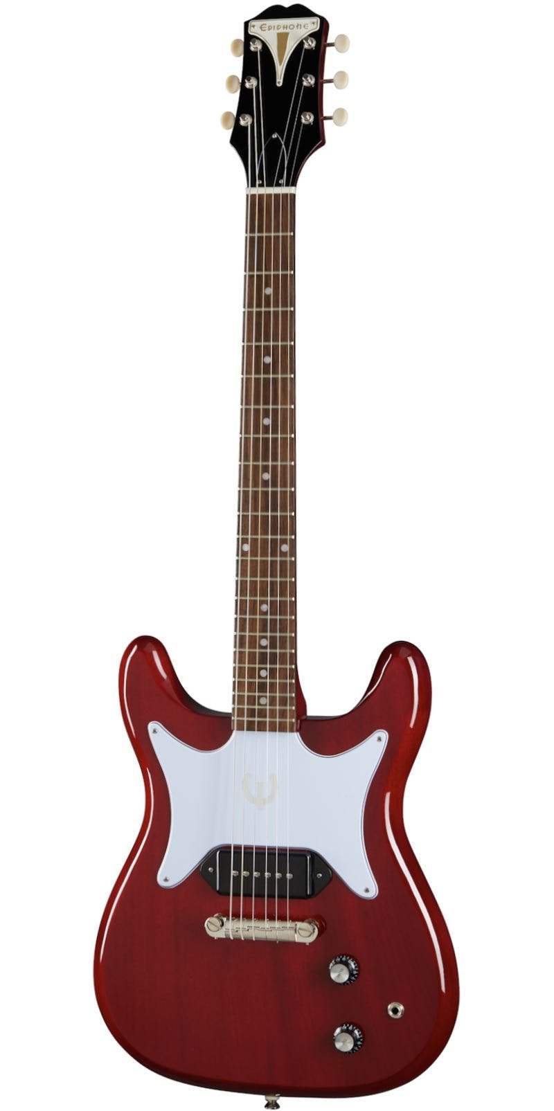 Red electric guitar with dual cutaways, white pickguard, single black pickup, two control knobs, and six strings. Epiphone branding on headstock.