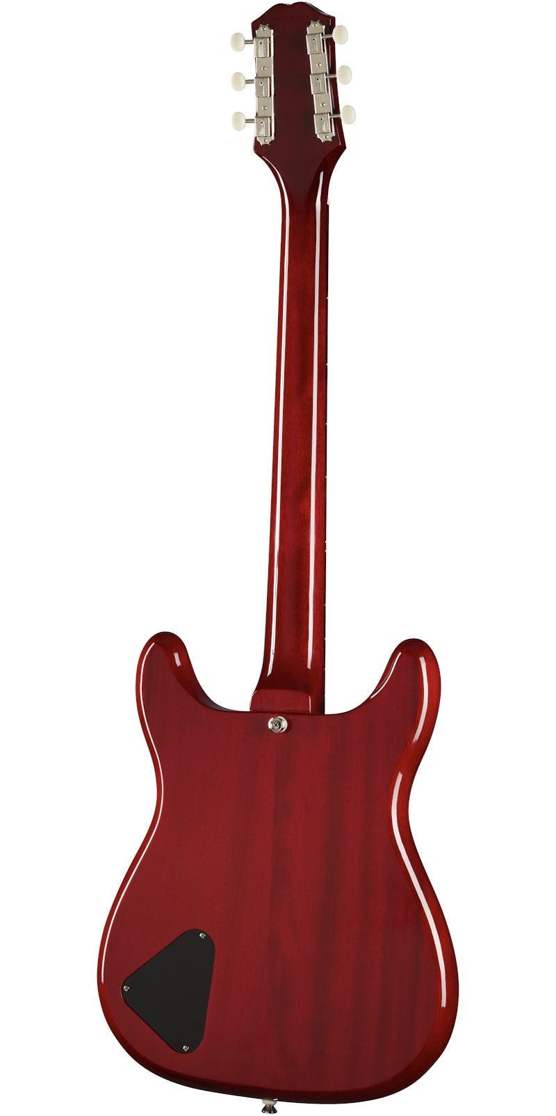 Red electric guitar shown from the back, revealing six tuning pegs, a glossy double-cutaway body, and a black triangular electronics cover.