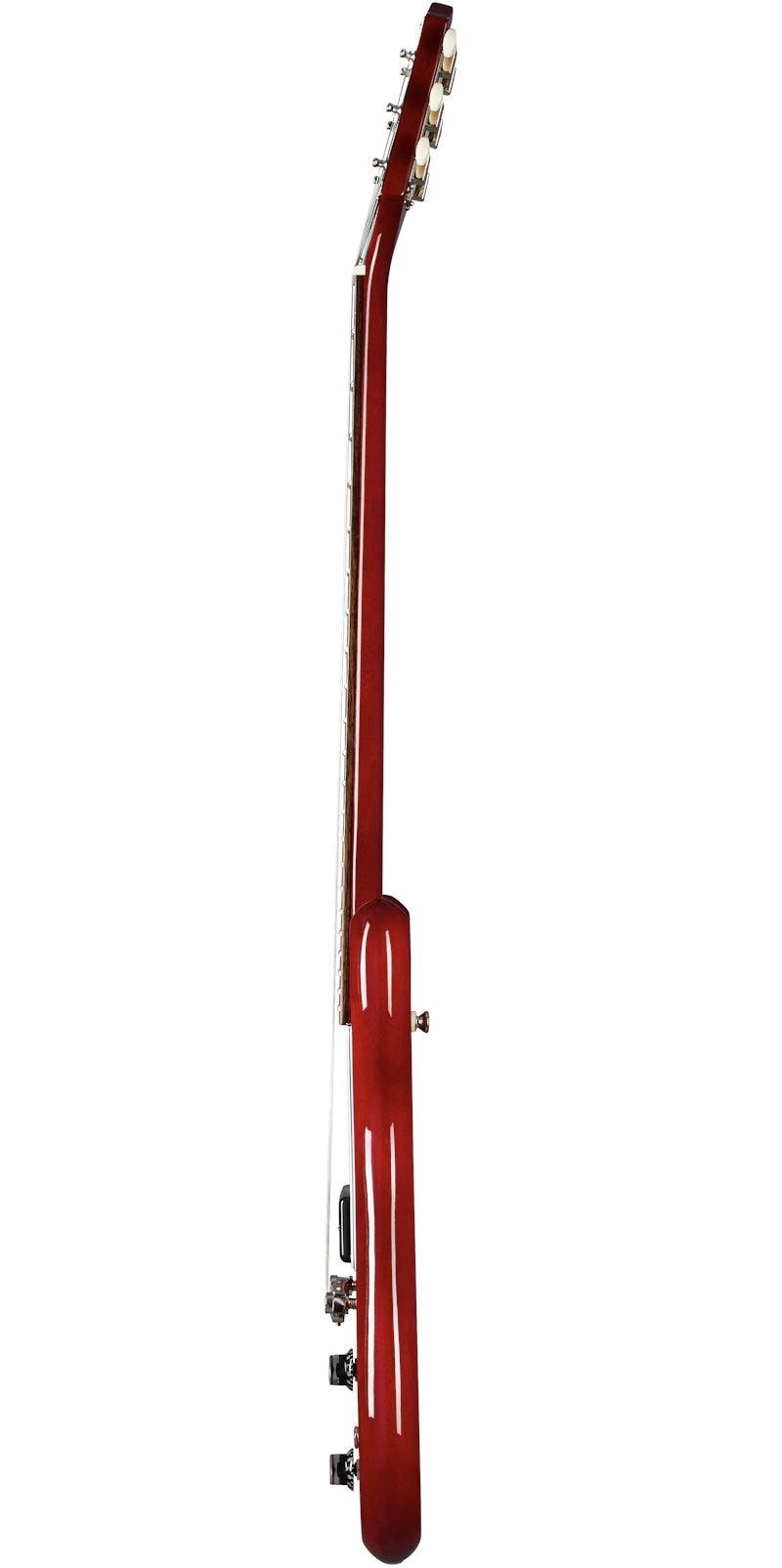 Side view of a glossy red electric guitar showing the neck, tuning pegs, and the curve of the body with control knobs visible near the bottom.