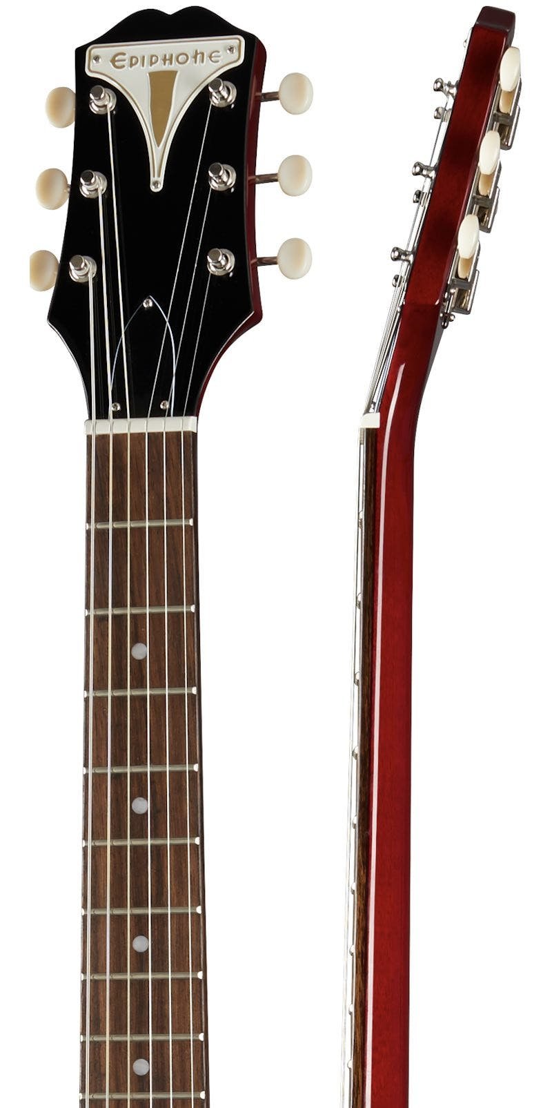 Epiphone electric guitar headstock and neck in dark wood with cream tuners, metal frets, and a black faceplate featuring the brand name in gold.