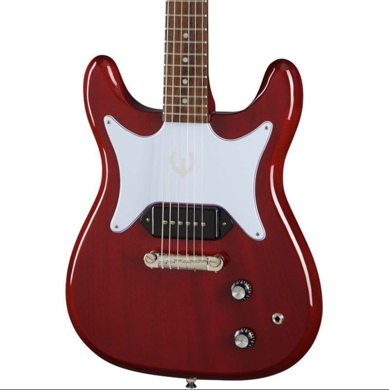 Red electric guitar with a white pickguard, single black pickup, two control knobs, and a metallic bridge.