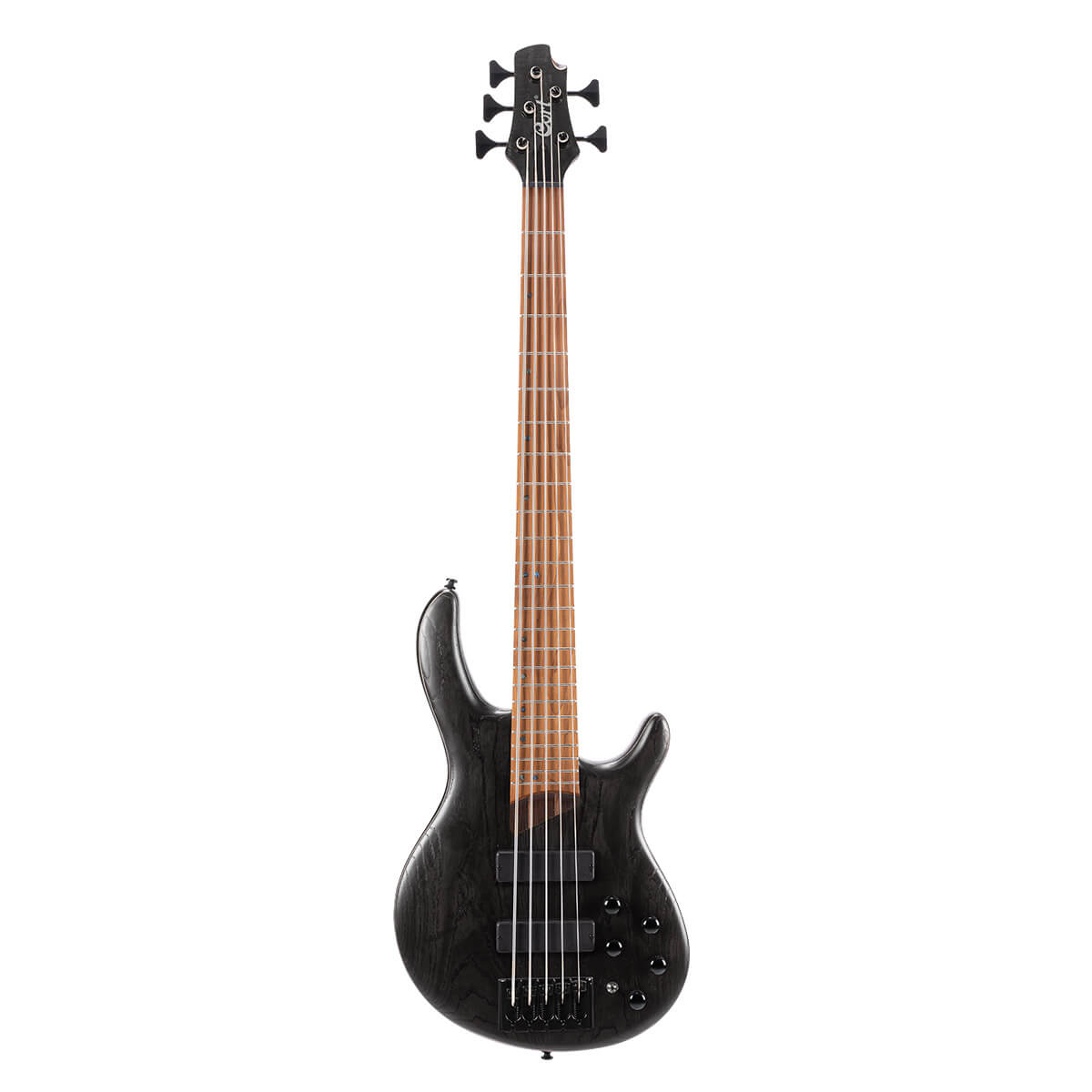 Five-string electric bass guitar with a black body, wooden fretboard, and black control knobs.