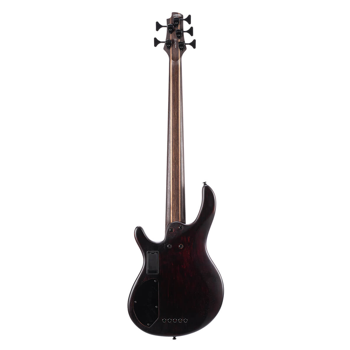 Rear view of a dark-finish bass guitar showing a five-piece wood neck, four tuning pegs, and access panels on the back of the body.