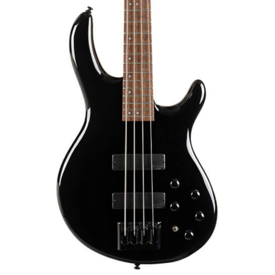 Glossy black 4-string bass guitar with a natural wood neck, two rectangular pickups, five control knobs, and a smoothly contoured double-cutaway body.