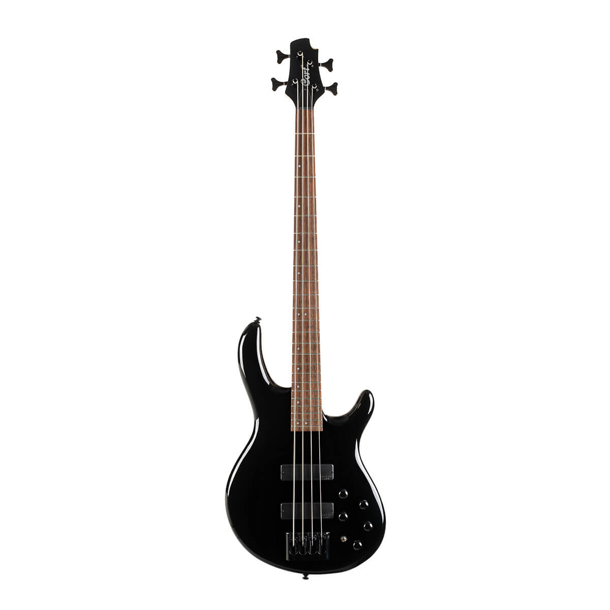 Glossy black 4-string electric bass guitar with a brown fretboard, two pickups, four control knobs, and a double cutaway body shape.