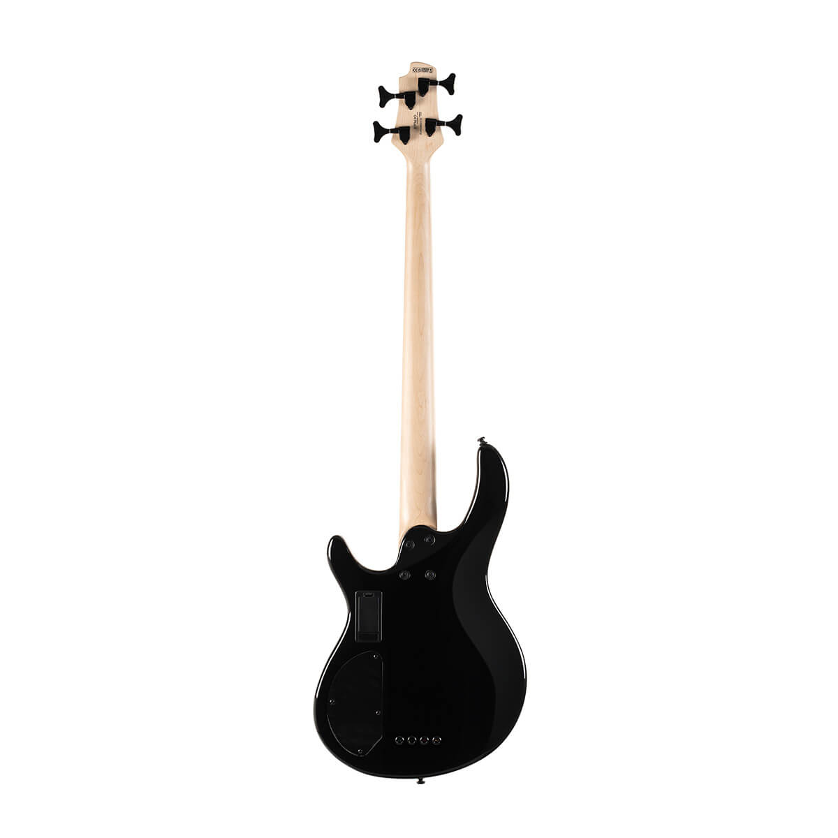Rear view of a bass guitar with a natural wood neck and black body, showing four tuning pegs and electronic panel covers on the back.