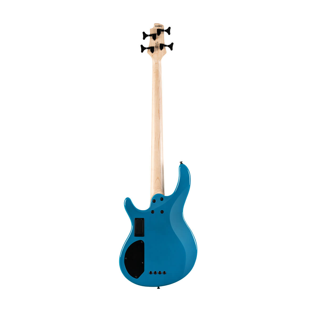 Blue electric bass guitar shown from the back, natural wood neck, four tuning pegs, rounded body with black electronics cover plate.