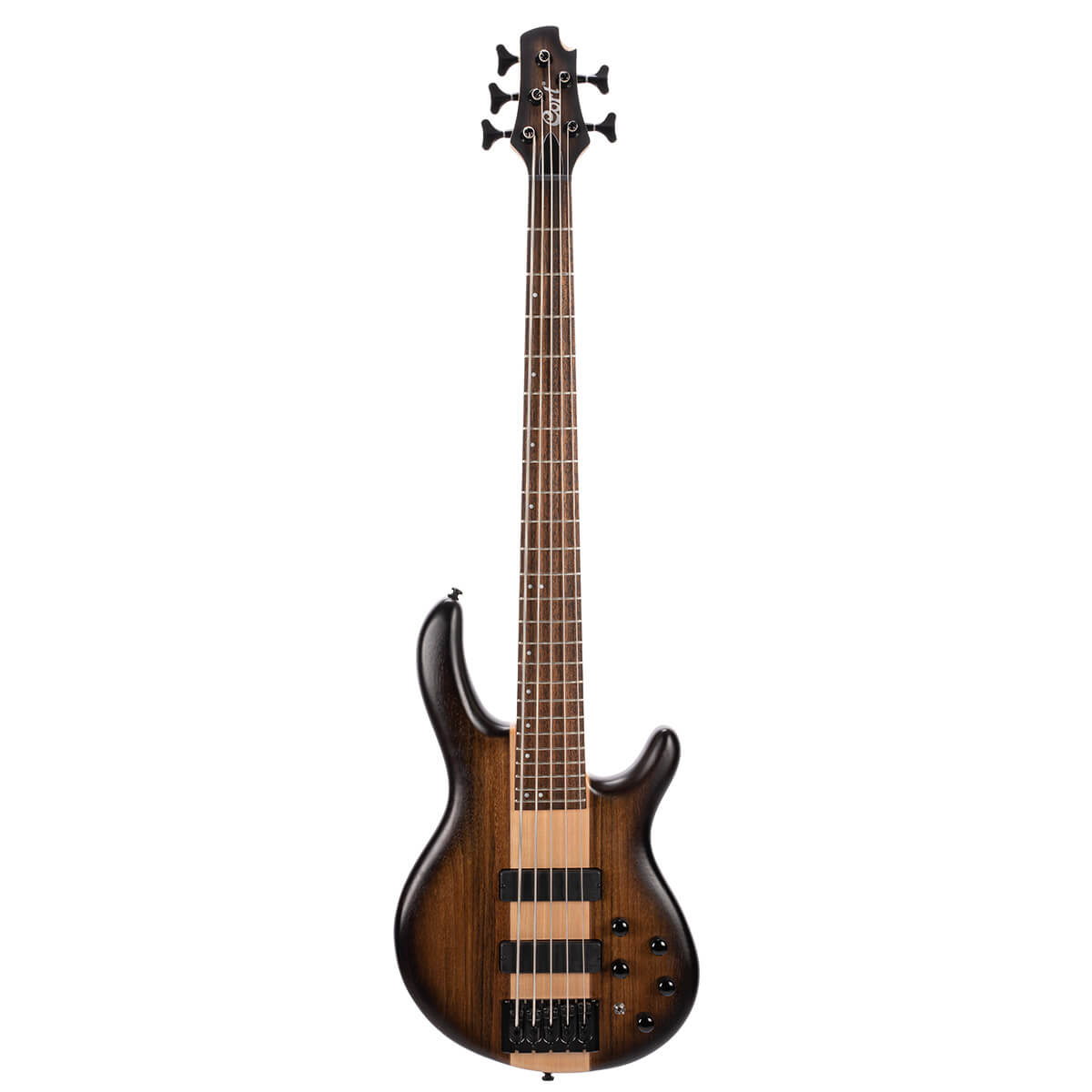 Five-string bass guitar with a dark brown sunburst finish, two pickups, five control knobs, and a modern, contoured body shape.