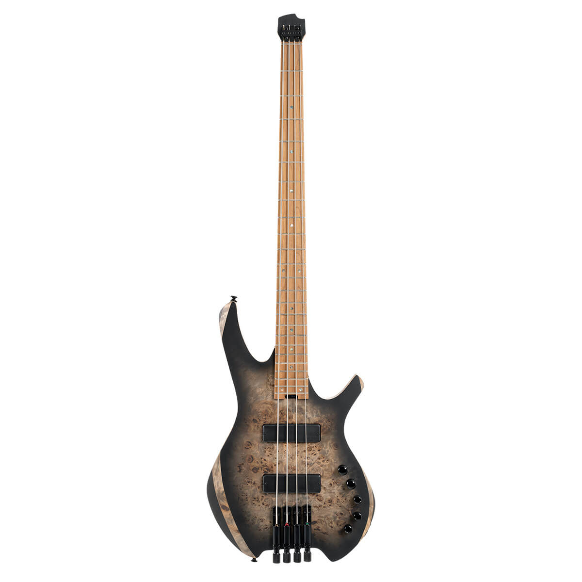 Modern 5-string bass guitar with a natural wood finish, black burst edges, two large pickups, and an angled, uniquely contoured body shape.