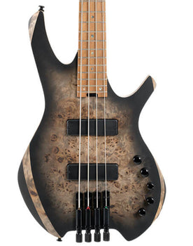 Five-string bass guitar with a natural wood grain finish, black pickups, five black control knobs, and a modern, asymmetrical body shape.