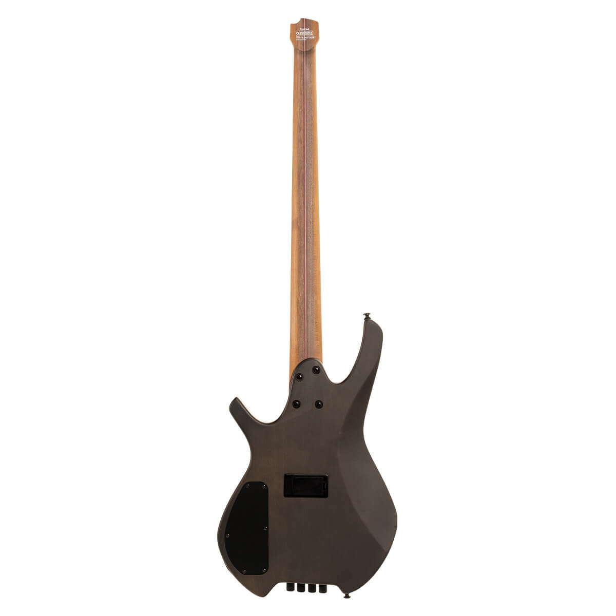 Rear view of a modern bass guitar showing a matte black contoured body, exposed wooden neck, and two black plastic access panels on the back.