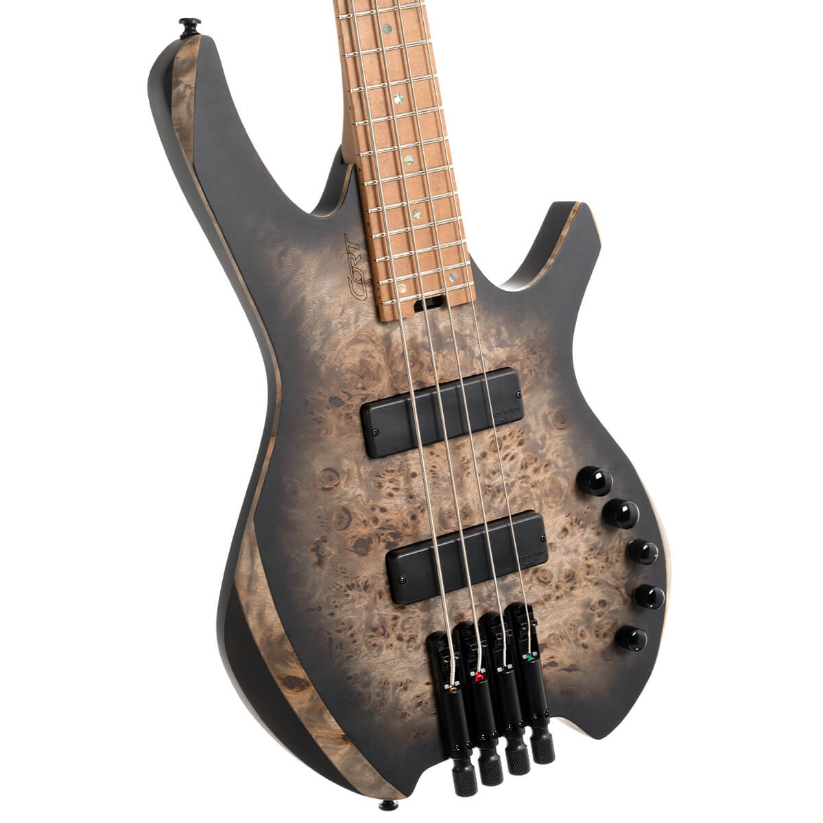 Five-string electric bass guitar with a natural wood burl finish, black pickups, five control knobs, and a modern, angular body shape.