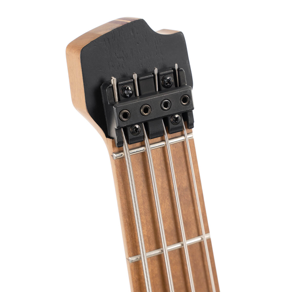 Headstock of a bass guitar with four tuning screws, flat black hardware, and visible metal strings over a natural wood neck with metal frets.