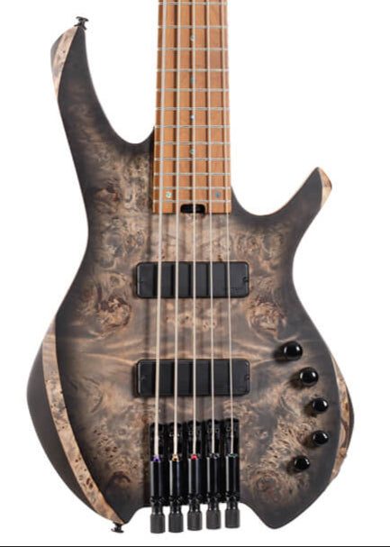 Six-string bass guitar with a natural swirling wood finish, black hardware, two pickups, and five control knobs on a curvy, modern-shaped body.