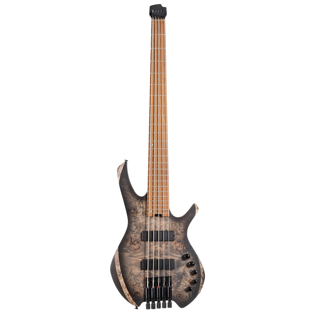Six-string bass guitar with a natural wood grain body, black hardware, two pickups, and five control knobs. The neck is long with a maple fingerboard.